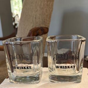 2 Jack Daniels Black/Gold thick glass Whiskey Glasses with logo.